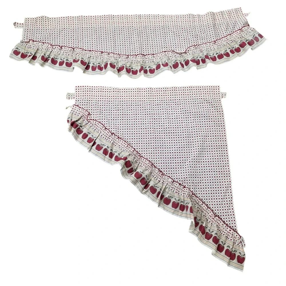 Vintage Cottagecore Apple Print Ruffled Kitchen Curtain Set 4pc Made in USA